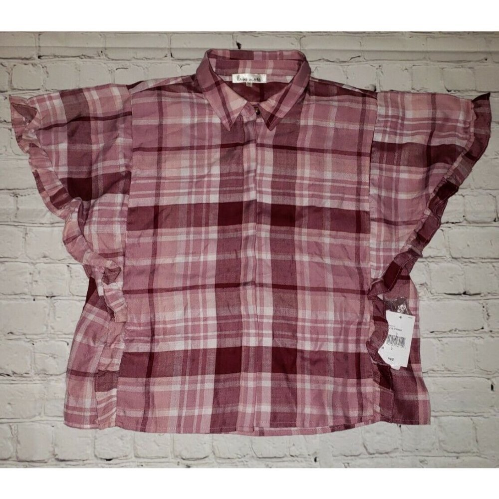 Nwt Love More Womens Medium Pink Gingham Plaid Button-Up Top